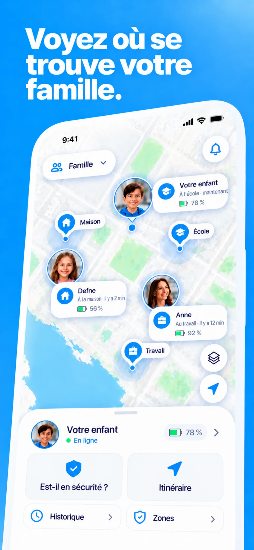 La carte FamSinyal affichant la dernière position signalée, l'heure de capture et la précision approximative