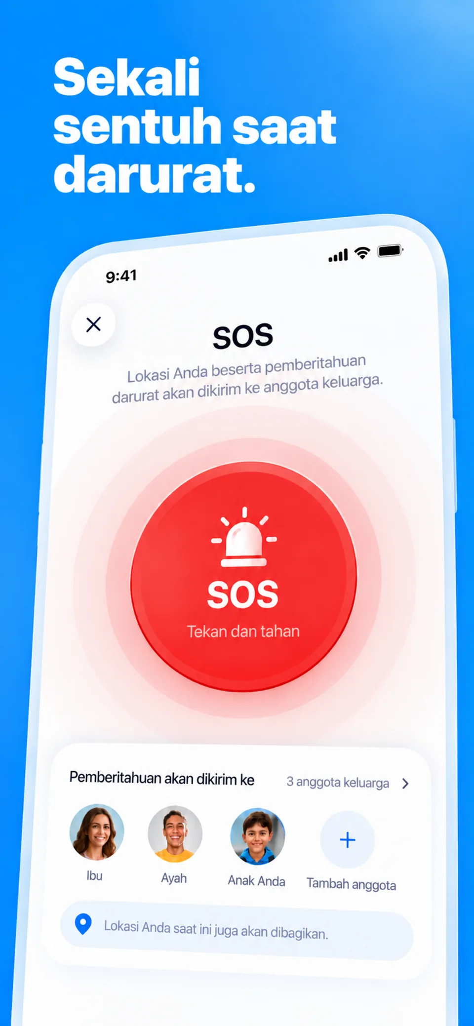 Sebuah peringatan SOS di FamSinyal, dengan lokasi yang bisa dikirimkan pada saat itu