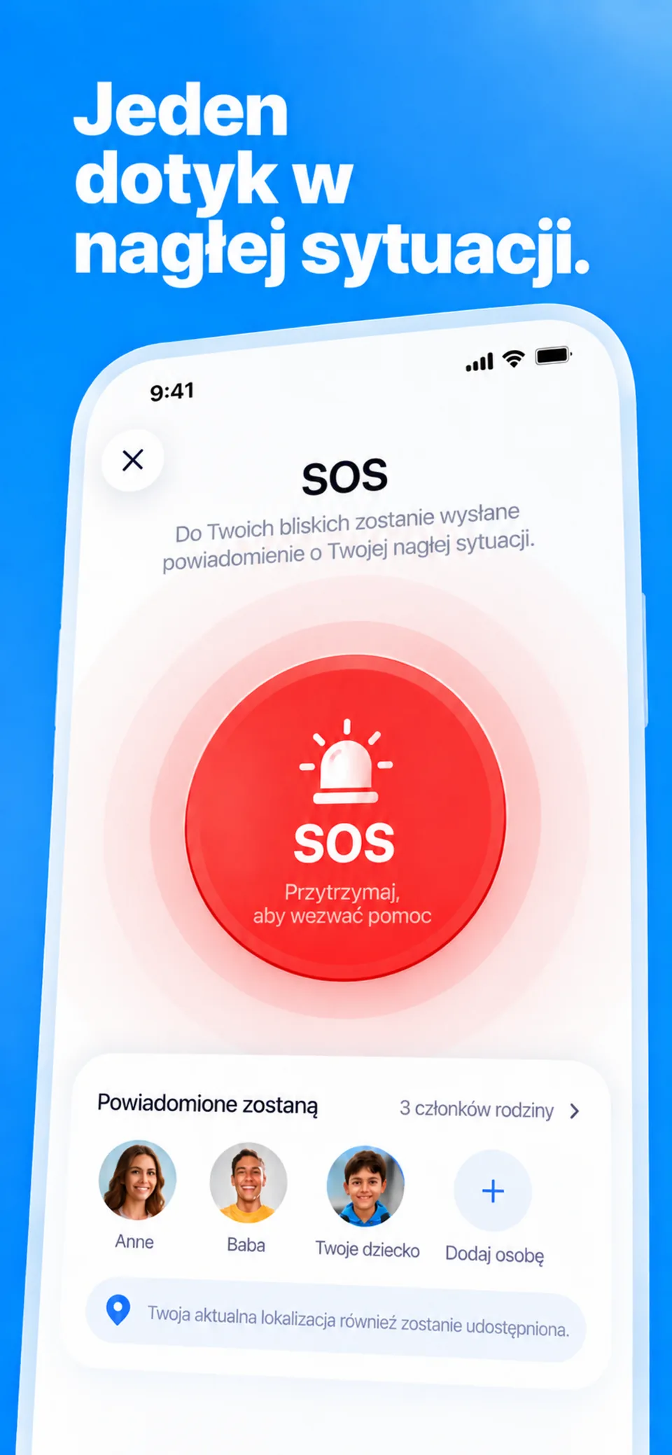 Alert SOS w FamSinyal, z lokalizacją możliwą do przesłania w tym momencie