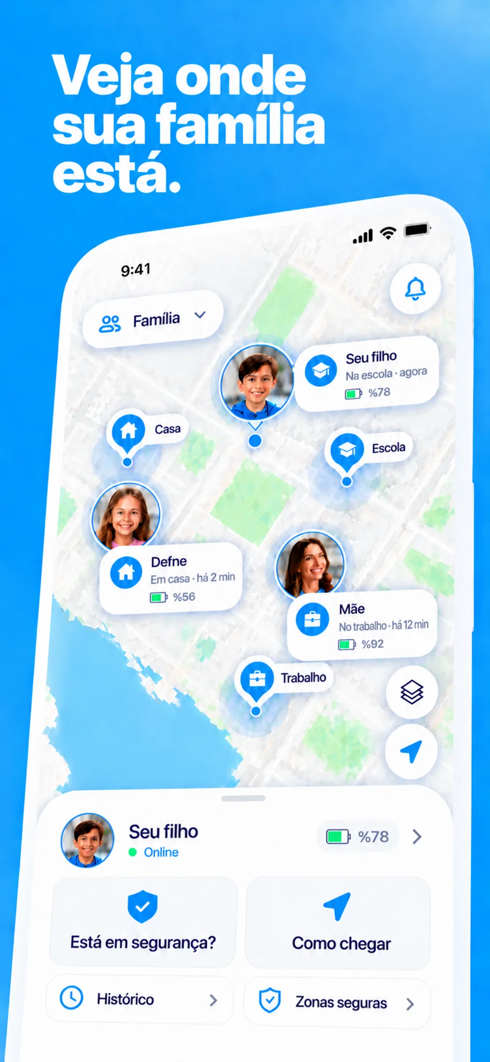 O mapa do FamSinyal com a última localização informada, a hora do registro e a precisão aproximada